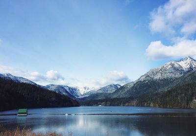 Scenic view of lake and snowcapped mountains against sky