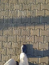 Low section of man standing on cobblestone