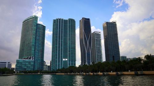 Modern buildings by river against sky in city