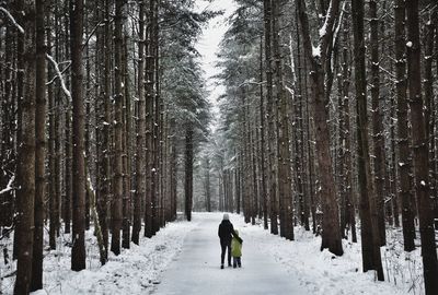 Rear view of mother and daughter standing on footpath amidst trees during winter