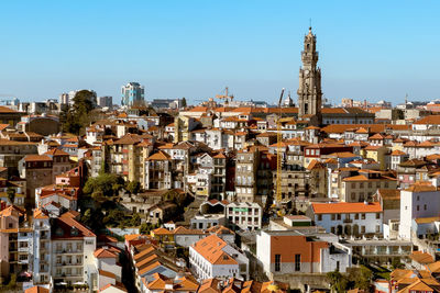 High angle view of townscape against clear blue sky