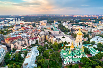 High angle shot of townscape against sky