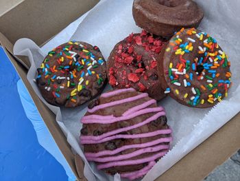 Directly above shot of multi colored candies on table