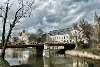 Bridge over river with buildings in background