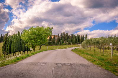 Road amidst trees against sky