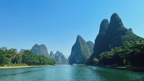 Scenic view of sea against clear blue sky