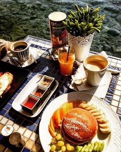 High angle view of breakfast on table