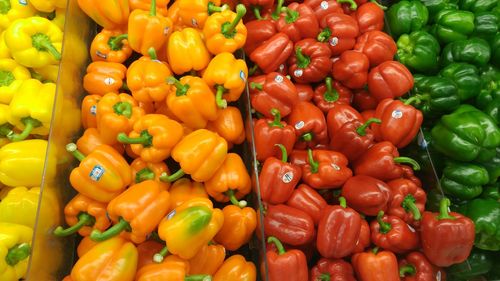 High angle view of bell peppers for sale in market