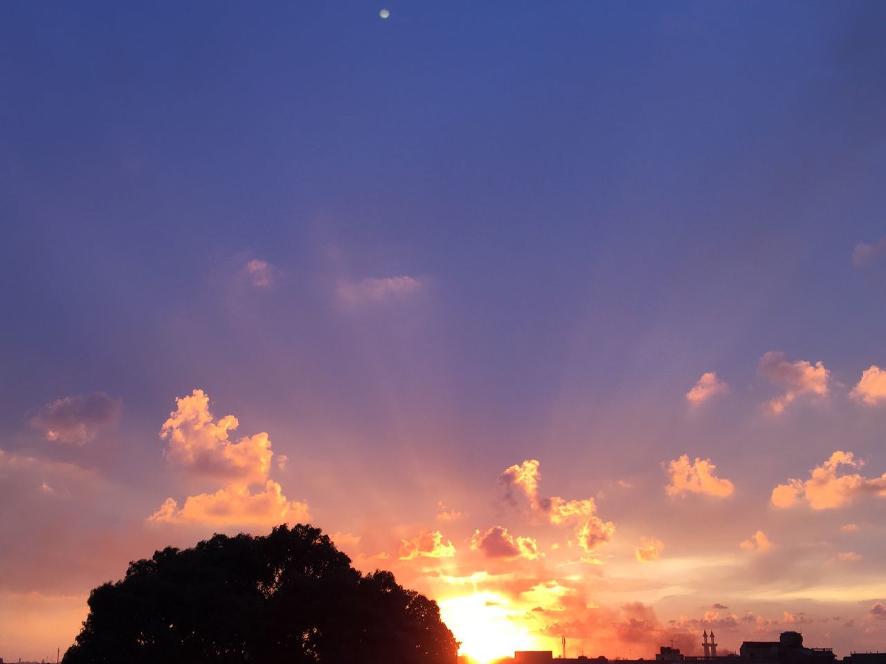 sunset, silhouette, sky, low angle view, beauty in nature, tree, scenics, tranquility, cloud - sky, tranquil scene, nature, orange color, idyllic, cloud, blue, outdoors, sunlight, sun, no people, high section