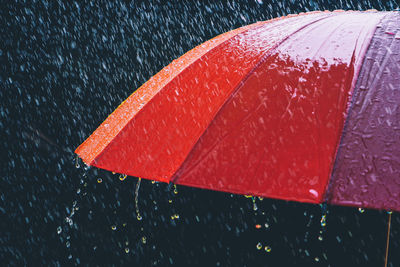 Close-up of wet red umbrella during monsoon