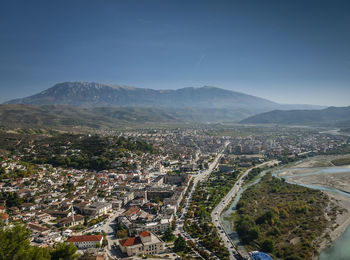 High angle shot of townscape against sky