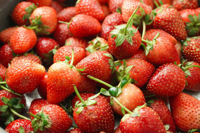 Strawberry red, very fresh, very bruised, and has green leaves,taken together, taken from above.