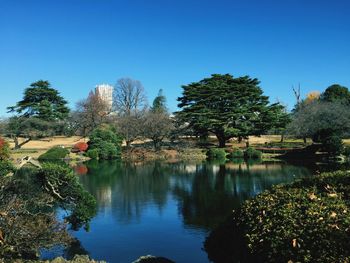 Scenic view of lake against clear blue sky