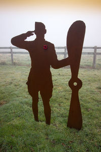 Rear view of silhouette man standing on field