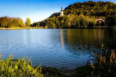 Scenic view of lake by trees against sky