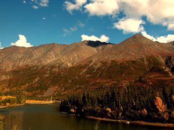 Scenic view of lake with mountains in background