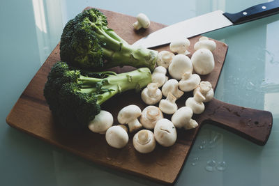 High angle view of chopped vegetables on cutting board