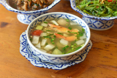 High angle view of soup in bowl on table