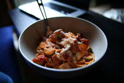 Close-up of meal served in bowl on table