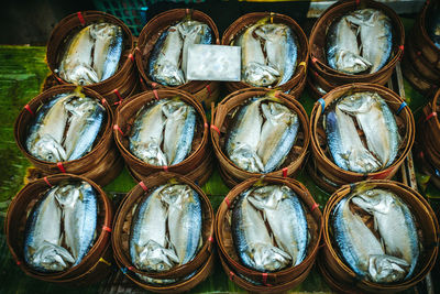 High angle view of fish for sale at market