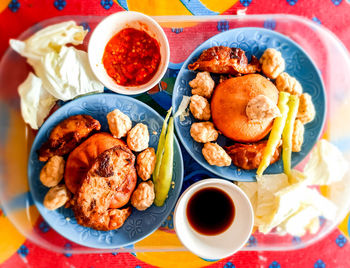 High angle view of breakfast served on table