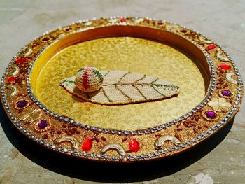 High angle view of dessert on table