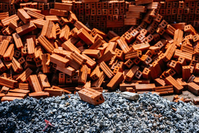 High angle view of bricks at construction site