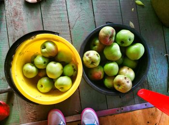 High angle view of fruits in bowl on table