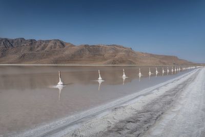 Landscape of salt field and water with line of short salt crusted poles in utah