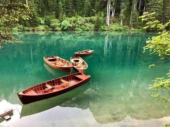 High angle view of boat moored in lake