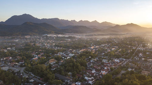 Aerial view of townscape against clear sky