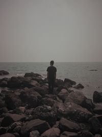 Rear view of man on beach against sky