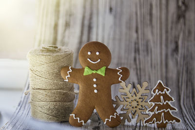 Close-up of christmas decorations on table