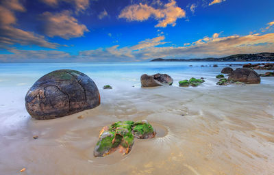 Long exposure view of moeraki boulders in south island, new zealand