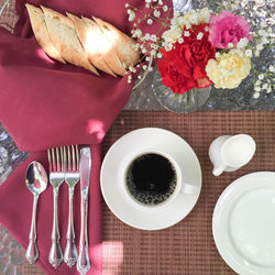 High angle view of breakfast on table