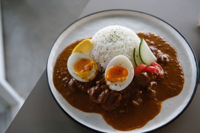 High angle view of breakfast served in plate