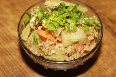 High angle view of food in bowl on table