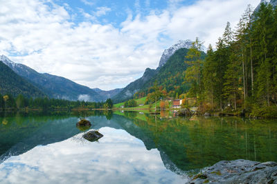 Scenic view of lake and mountains against sky