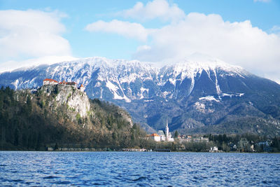 Scenic view of lake by snowcapped mountains against sky