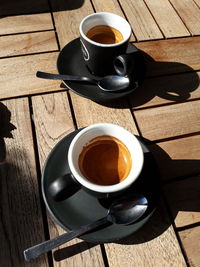 High angle view of coffee cup on table