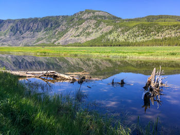 Scenic view of lake and mountains against sky