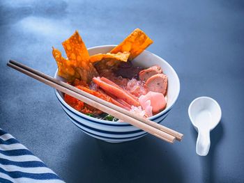 High angle view of food in bowl on table