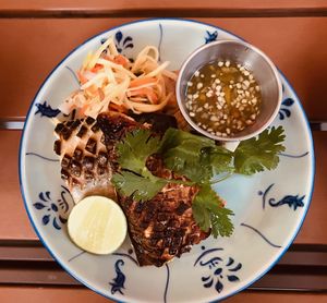 High angle view of meal served on table