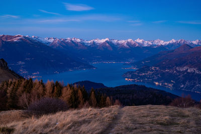 Panorama of lake como, photographed in winter, at sunset, from monte san primo.