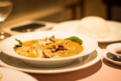 Close-up of meal served on table