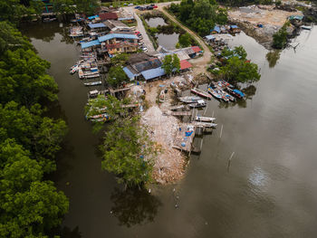 High angle view of buildings by river