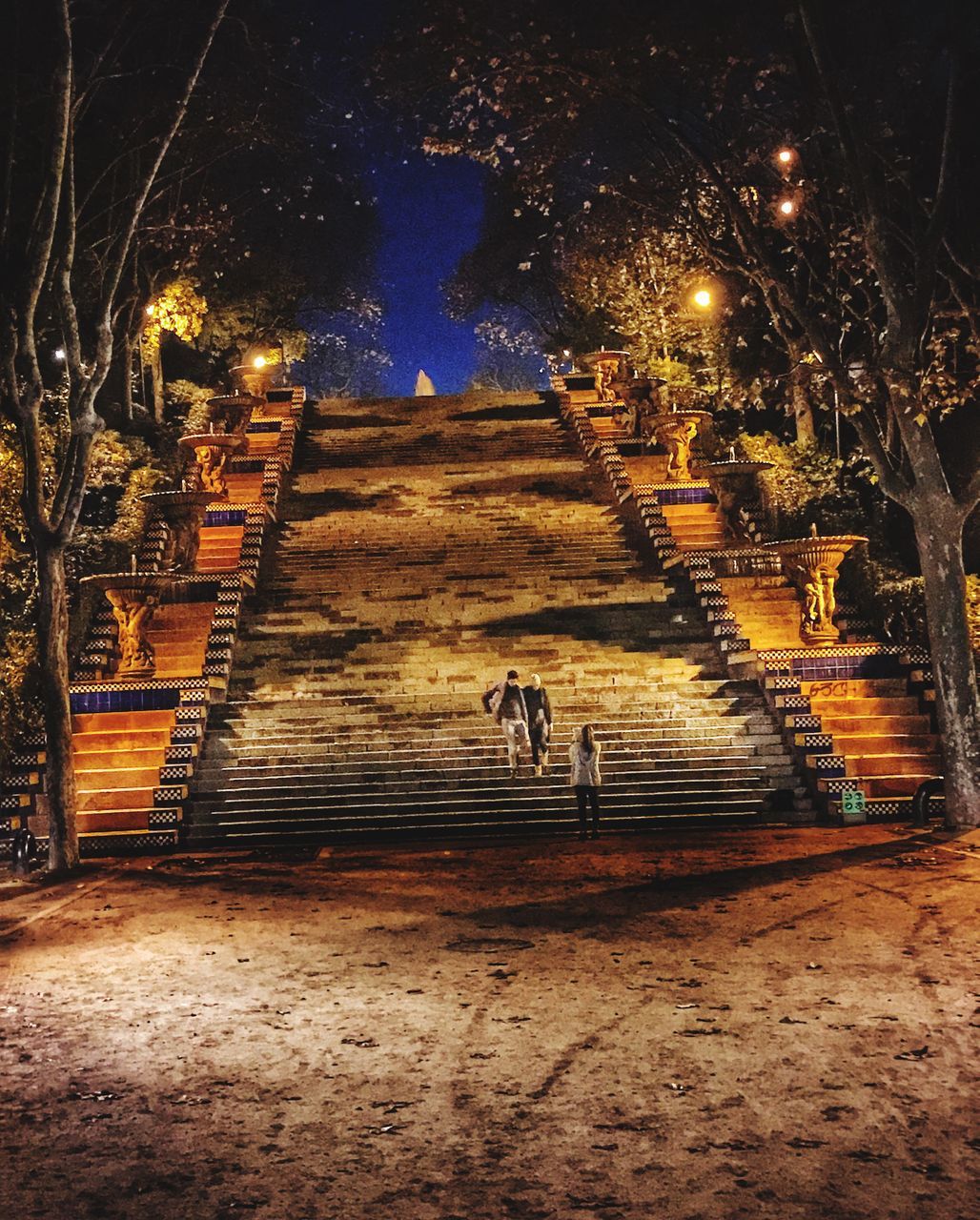 steps, staircase, steps and staircases, night, stairs, architecture, illuminated, full length, the way forward, built structure, real people, tree, outdoors