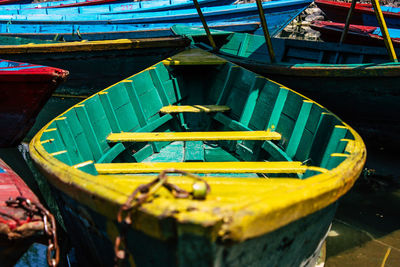 High angle view of fishing boat moored at sea