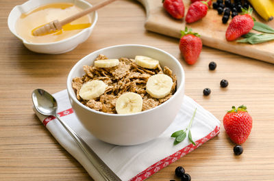 High angle view of breakfast served on table