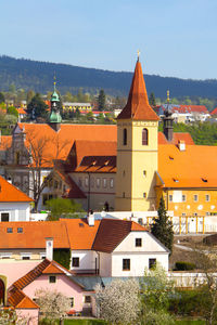 High angle view of buildings in city against sky